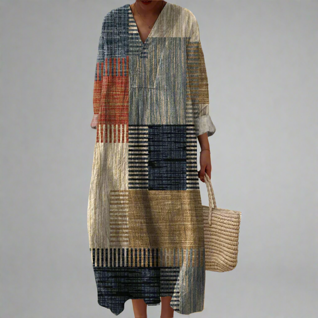 C&G™ | Earth-Toned Patchwork Relaxed Maxi Dress