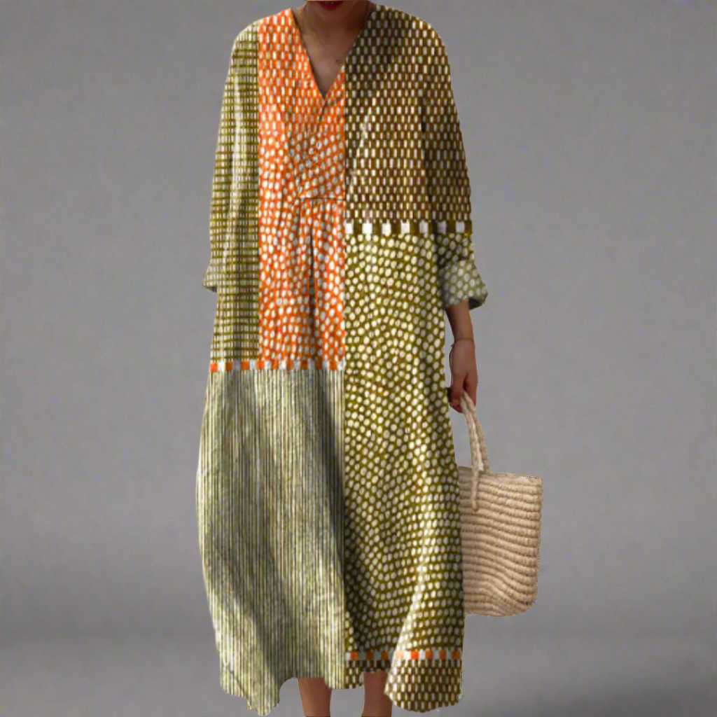 C&G™ | Earthy Patchwork Dotted Midi Dress