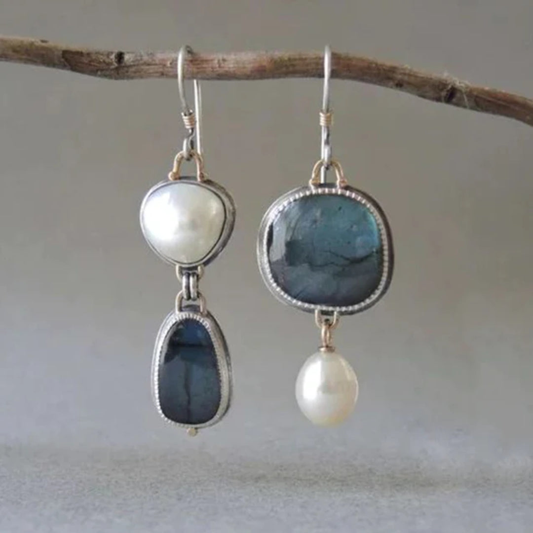 C&G™| Vintage Earrings With Natural Blue Stone And Pearls