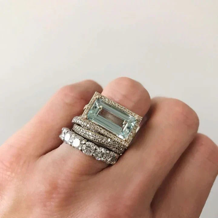 C&G™| Set Of Vintage Silver Turquoise Glass Rings